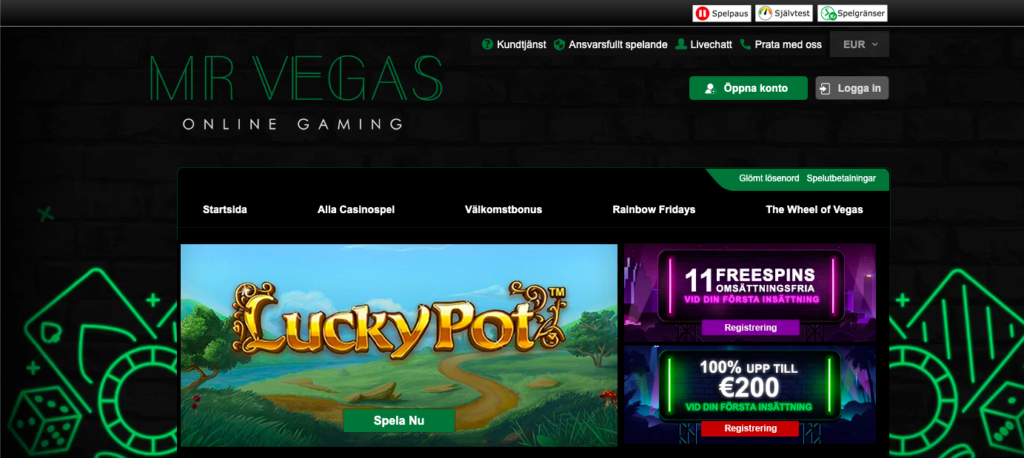 Startsida på Mr Vegas Casino