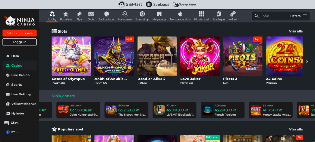 Ninja casino spelutbud